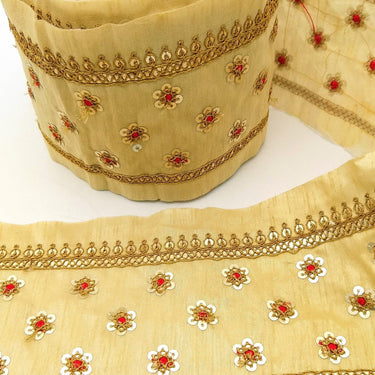 Beige Silk Trim In Red and Gold Sequins Floral Embroidery, Indian Sari Border Trim By Yard Decorative Trim Craft Lace